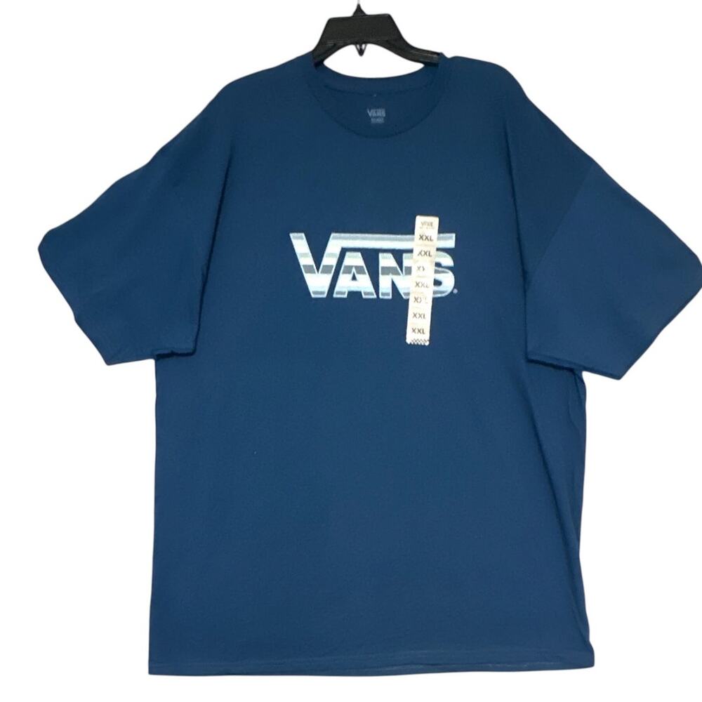 Vans Logo Graphic T-Shirt Men XXL Navy Blue Striped Crew Neck Skate Streetwear
